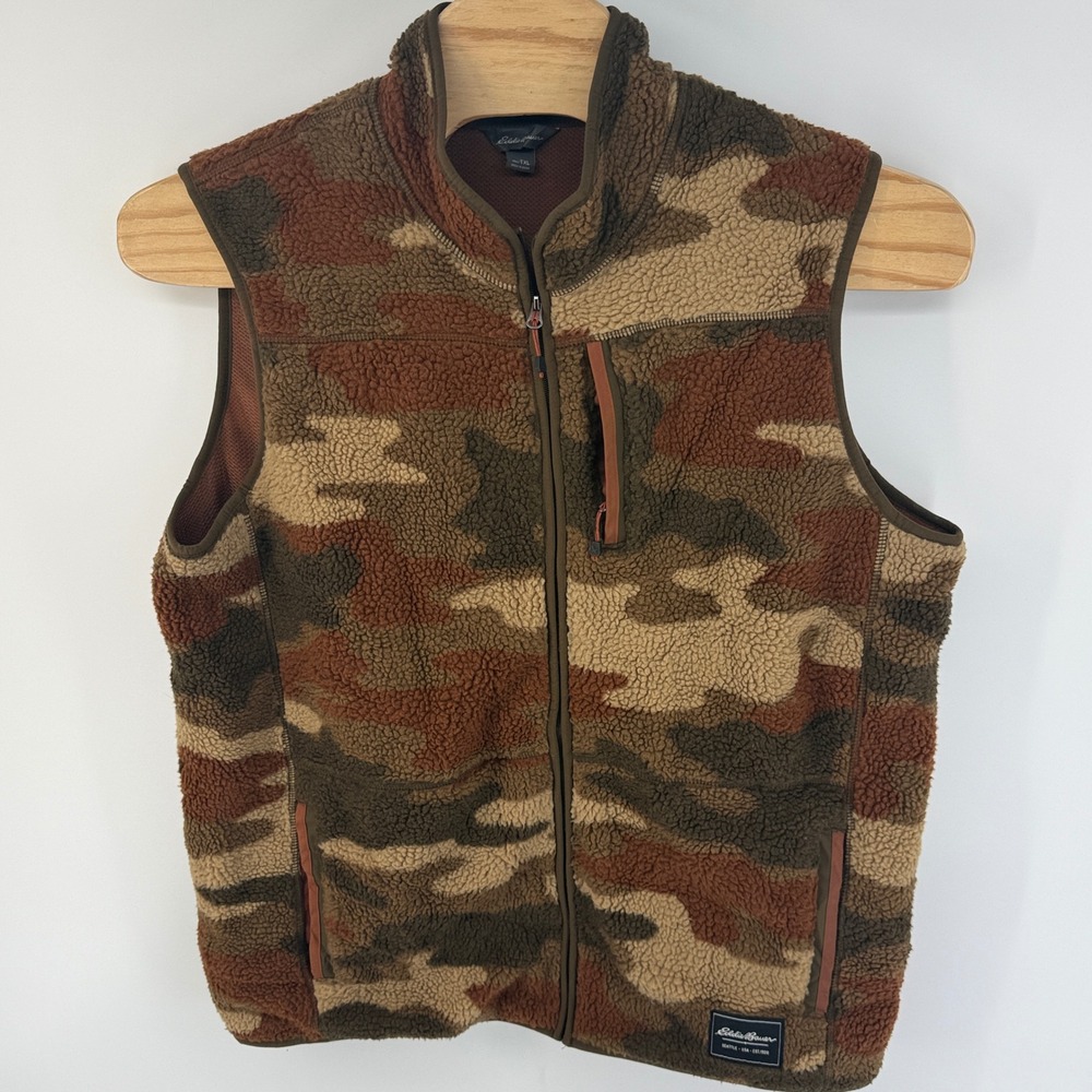 Eddie Bauer Mens Camo Sherpa Fleece Full Zip Vest Brown XL Tall 13202483